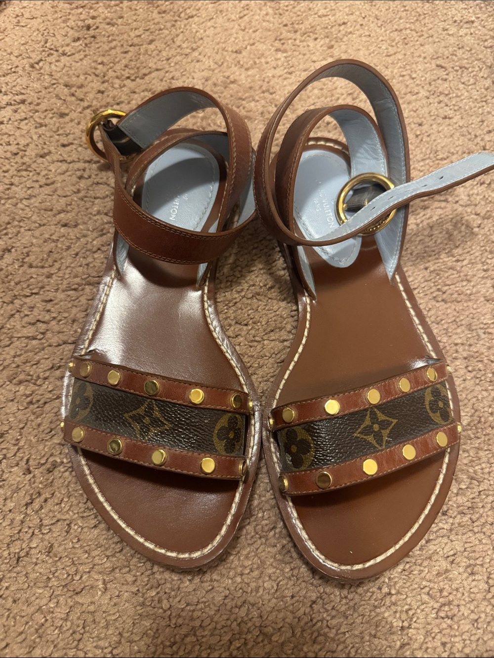 Louis Vuitton Brown Monogram Studded Leather Sandals